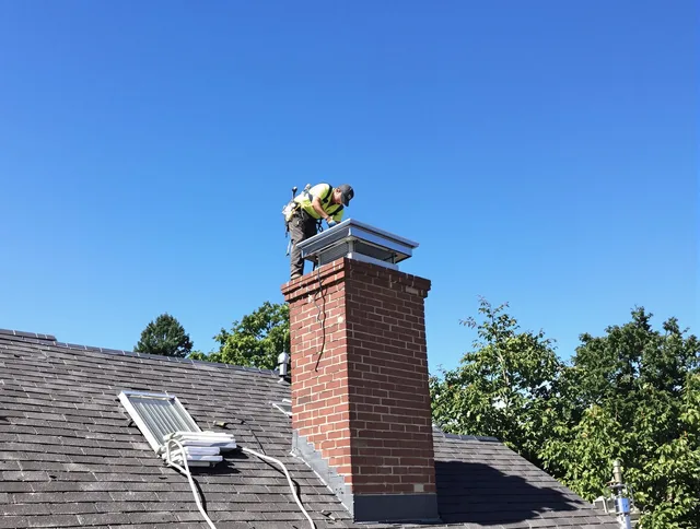 Milford Chimney Sweep technician measuring a chimney cap in Milford, CT