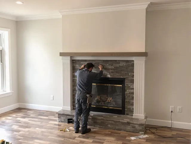 Milford Chimney Sweep finishing a custom fireplace install in Milford, CT